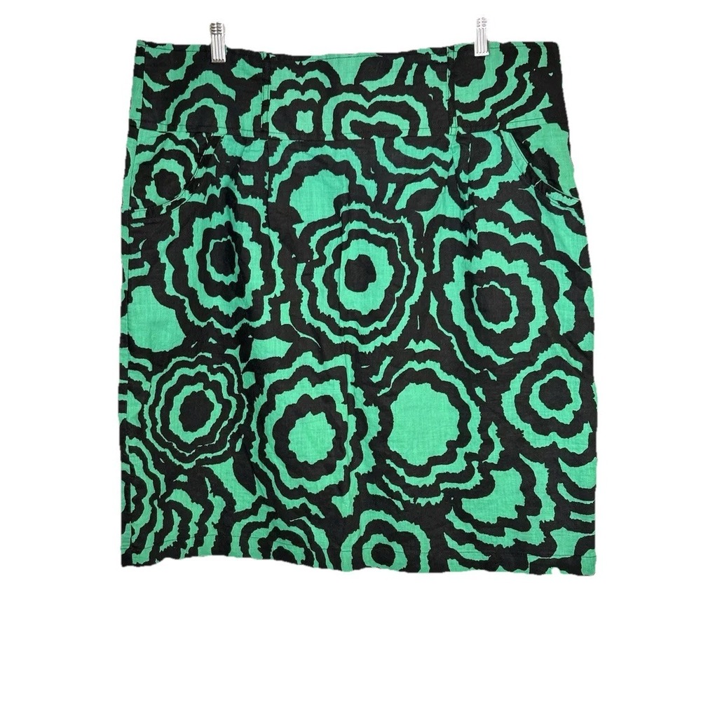 apostrophe A-line Skirt 18 Green Black Ramie Cotton Abstract Floral Pockets Mod